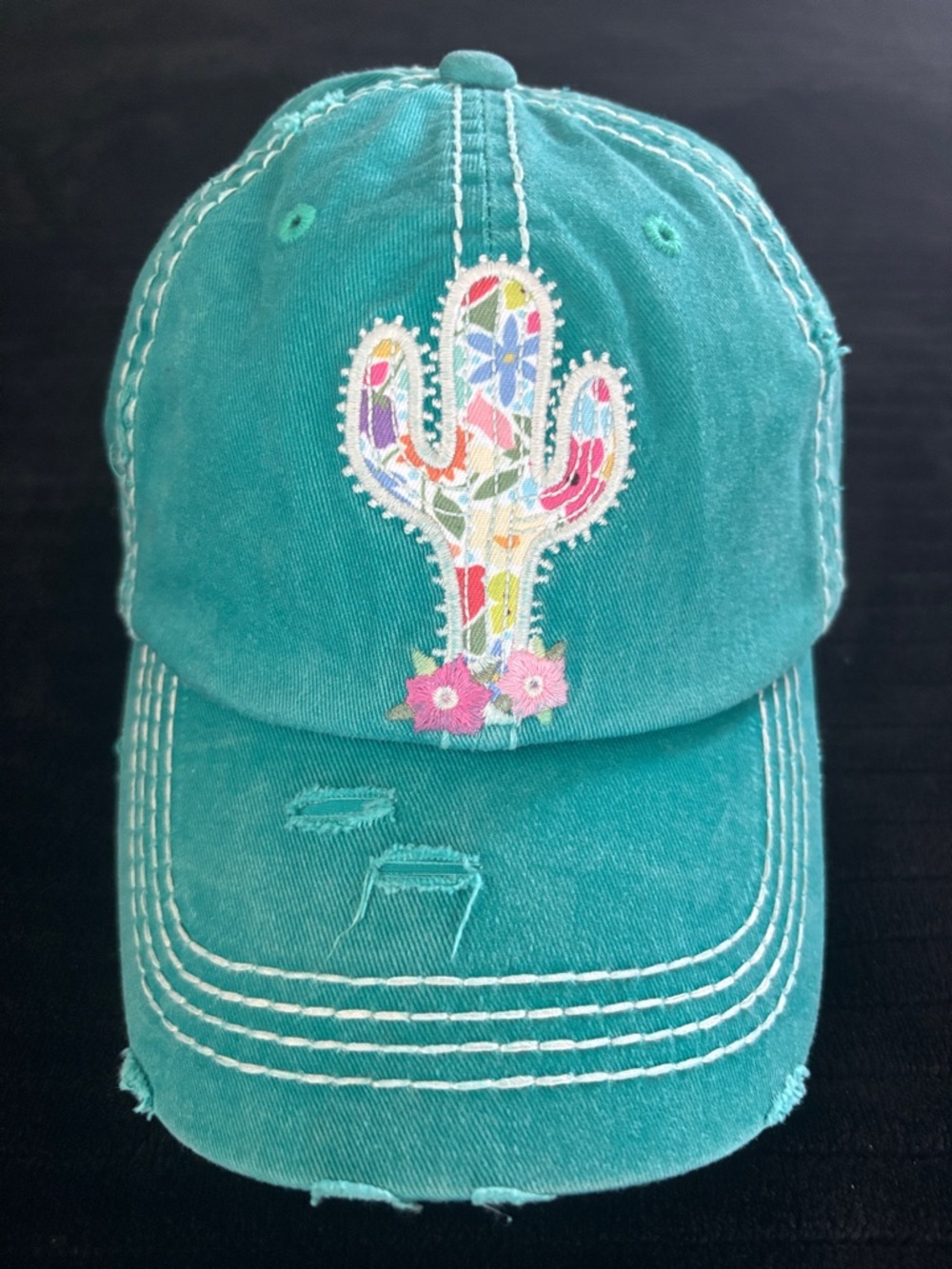 Women’s Sz OS Teal Cactus Baseball Hat with Floral Patch